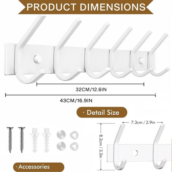 JOLY FANG Wandgarderobe, Garderobenhaken aus Edelstahl, Wandhaken für Schlafzimmer, Badezimmer, Küche (weiß, 6 Haken, 2 Stück)