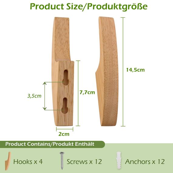 SAUNNIHEN 4 Stück Kleiderhaken Einzeln, Garderobenhaken Holz, Multifunktionaler Wandhaken Vintage, Handtuchhaken, Garderobe für Schlafzimmer, Wohnzimmer, Flur (Einfacher Haken)