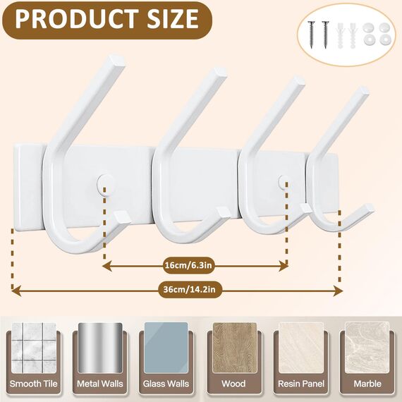 JOLY FANG Wandgarderobe, Garderobenhaken aus Edelstahl, Wandhaken für Schlafzimmer, Badezimmer, Küche (weiß, 4 Haken, 2 Stück)