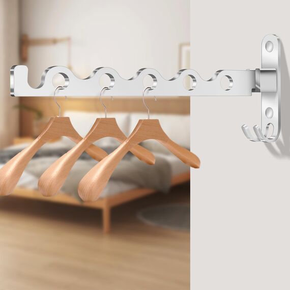 MEIJO Wand Kleiderständer Klappbar, Kleiderhaken Klappbar Wand Kleiderlüfter Klapphaken Wandhaken Balkon Garderobenhaken für Waschküche Schlafzimmer Badezimmer (Silber, 2 Stück + Stange)