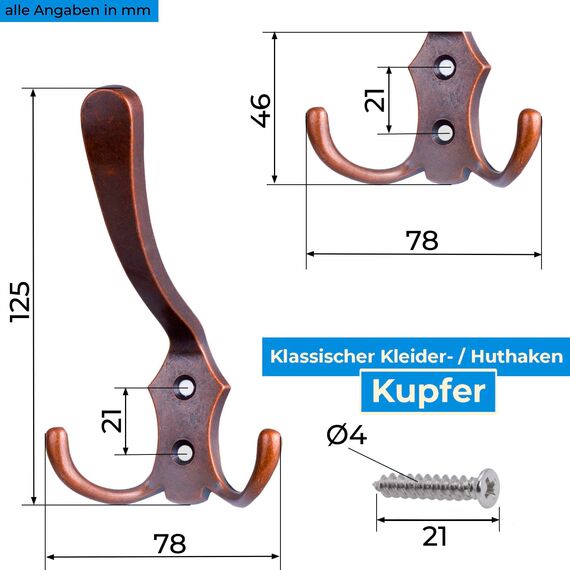 Stahlia Garderobenhaken KUPFER (5 Stück) Haken zum Schrauben vintage Kleiderhaken Garderobe KURZ Haken für Garderobe Metallhaken