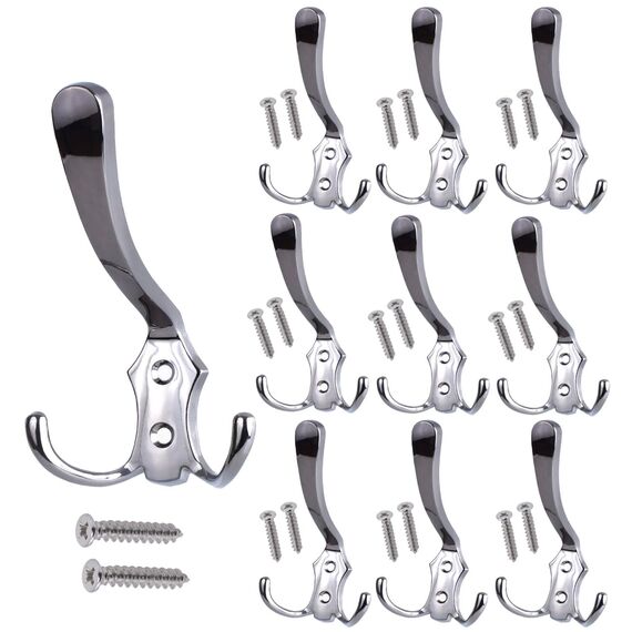 Stahlia Garderobenhaken CHROM-GLANZ (10 Stück) Haken zum Schrauben vintage Kleiderhaken Garderobe LANG Haken für Garderobe Metallhaken