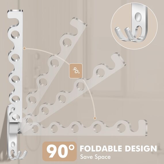 MEIJO Wand Kleiderständer Klappbar, Kleiderhaken Klappbar Wand Kleiderlüfter Klapphaken Wandhaken Balkon Garderobenhaken für Waschküche Schlafzimmer Badezimmer (Silber, 2 Stück + Stange)