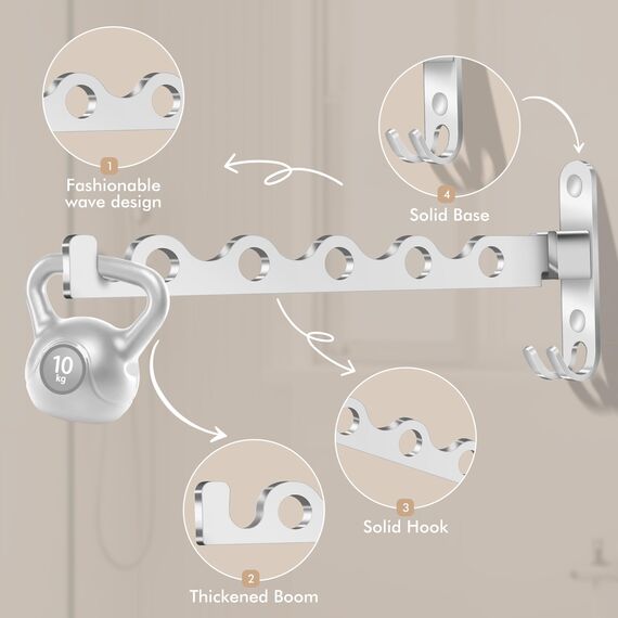 MEIJO Wand Kleiderständer Klappbar, Kleiderhaken Klappbar Wand Kleiderlüfter Klapphaken Wandhaken Balkon Garderobenhaken für Waschküche Schlafzimmer Badezimmer (Silber, 2 Stück + Stange)