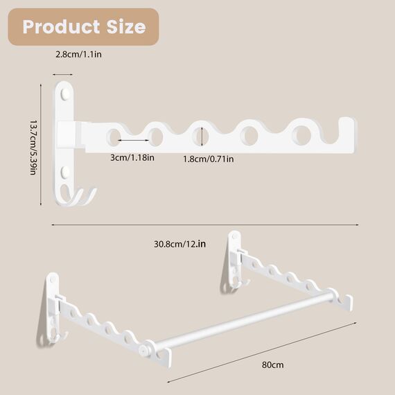 MEIJO Kleiderhaken Klappbar, Wand Kleiderständer Klapphaken Wandhaken Balkon Kleiderhaken für Waschküche Schlafzimmer Badezimmer (2 Stück + Stange)