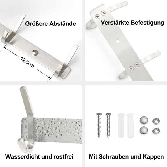 Qiannhee Hakenleiste Kleiderhaken 43cm bis 40kg Garderobenhaken Silber Matt 2 Stück SUS304 Edelstahl Kleiderhaken Wand Hakenleiste 4 Haken Garderobenleiste für Flur Küche Badezimmer Tür Wohnzimmer