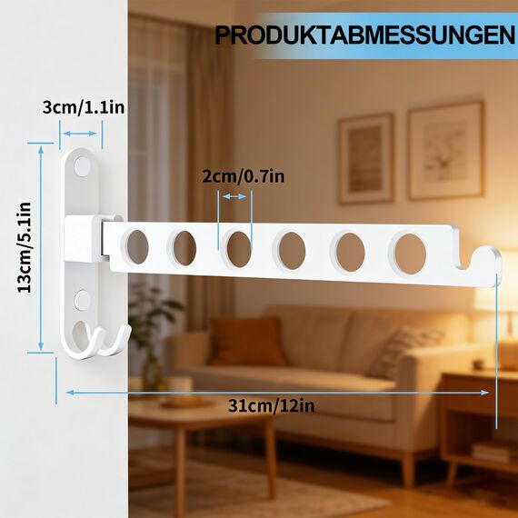 TINIFO Kleiderhaken Klappbar Wand, Klappbare Kleiderstange zur Wandmontage aus Aluminium, Platzsparender Kleiderlüfter für Balkon, Bad & Waschküche, Weiß
