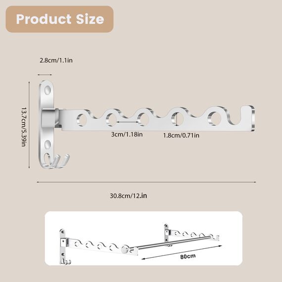 MEIJO Wand Kleiderständer Klappbar, Kleiderhaken Klappbar Wand Kleiderlüfter Klapphaken Wandhaken Balkon Garderobenhaken für Waschküche Schlafzimmer Badezimmer (Silber, 2 Stück + Stange)