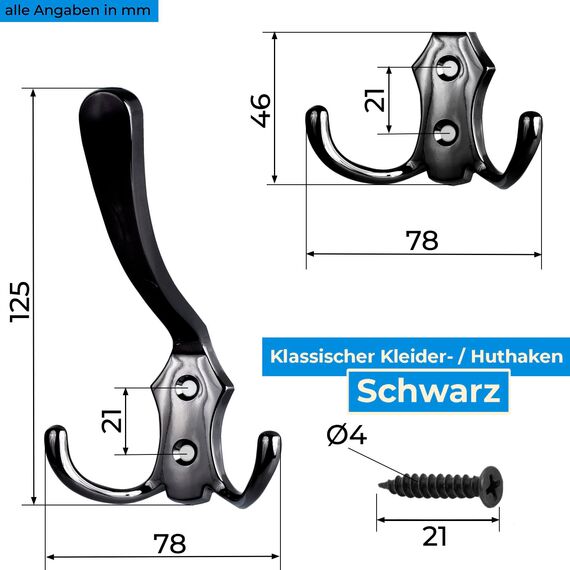 Stahlia Garderobenhaken SCHWARZ (10 Stück) Haken zum Schrauben vintage Kleiderhaken Garderobe KURZ Haken für Garderobe Metallhaken
