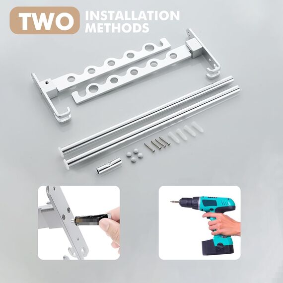 MEIJO Wand Kleiderständer Klappbar, Kleiderhaken Klappbar Wand Kleiderlüfter Klapphaken Wandhaken Balkon Garderobenhaken für Waschküche Schlafzimmer Badezimmer (Silber, 2 Stück + Stange)