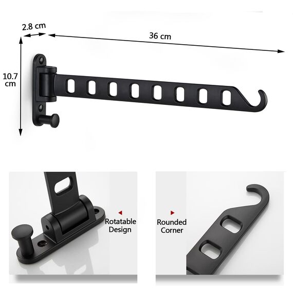 ZUIMENG Wand Kleiderständer Klappbar, 180°Drehbare Kleiderhaken kleiderstange, Wandhaken Hakenleiste Garderobenhaken kleiderlüfter für Balkon Waschküche Badezimmer (Schwarz, 8 Löcher)