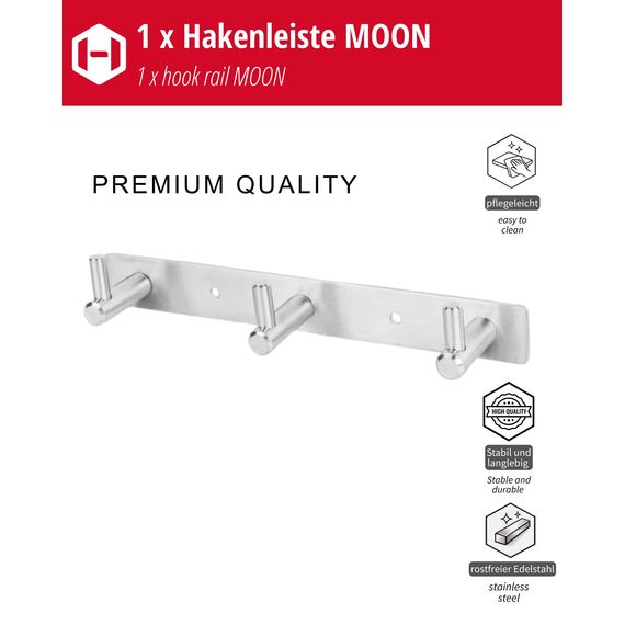 Gedotec Hakenleiste MOON aus Edelstahl gebürstet, 3 Haken - Garderobenleiste Wandmontage - Garderobenhaken zum Schrauben - moderner Jackenhalter Wand für Garderoben, Bad & Küche