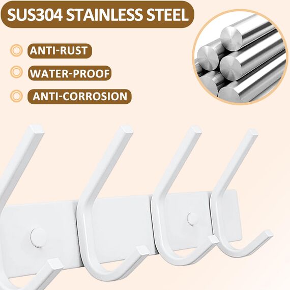 JOLY FANG Wandgarderobe, Garderobenhaken aus Edelstahl, Wandhaken für Schlafzimmer, Badezimmer, Küche (weiß, 4 Haken, 2 Stück)