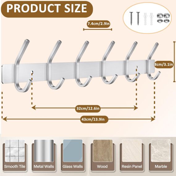 JOLY FANG Wandgarderobe, Garderobenhaken aus Edelstahl, Wandhaken für Schlafzimmer, Badezimmer, Küche (6 Haken, 2 Stück, Silber)