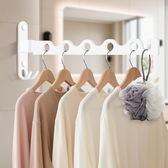 MEIJO Kleiderhaken Klappbar, Wand Kleiderständer Klapphaken Wandhaken Balkon Kleiderhaken für Waschküche Schlafzimmer Badezimmer (2 Stück + Stange)