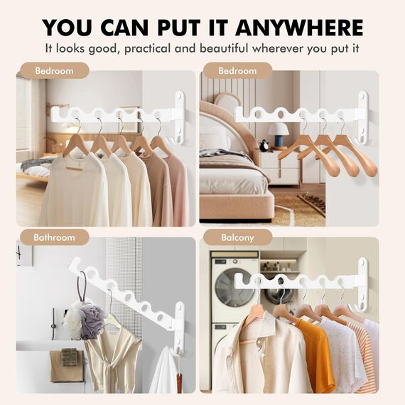 MEIJO Kleiderhaken Klappbar, Wand Kleiderständer Klapphaken Wandhaken Balkon Kleiderhaken für Waschküche Schlafzimmer Badezimmer (2 Stück + Stange)