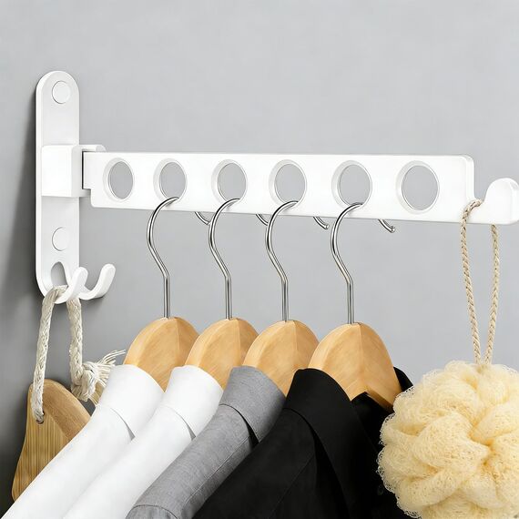 TINIFO Kleiderhaken Klappbar Wand, Klappbare Kleiderstange zur Wandmontage aus Aluminium, Platzsparender Kleiderlüfter für Balkon, Bad & Waschküche, Weiß