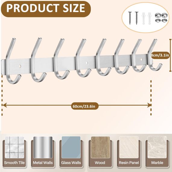 JOLY FANG Wandgarderobe, Garderobenhaken aus Edelstahl, Wandhaken für Schlafzimmer, Badezimmer, Küche (8 Haken, Silber)