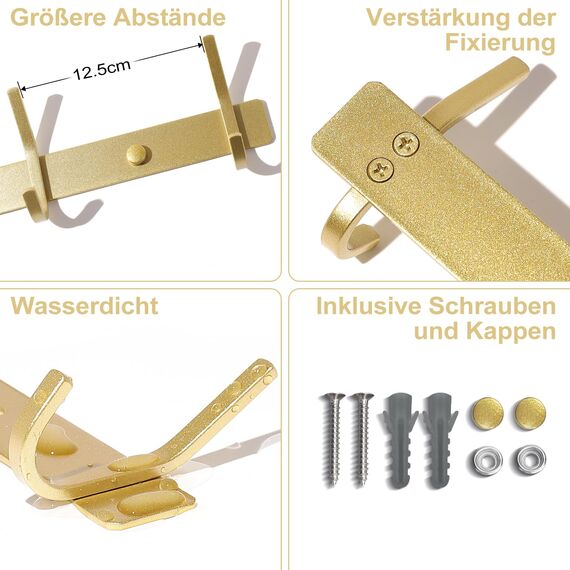 Qiannhee 2x Hakenleiste Kleiderhaken Gold Garderobenleiste Rostfrei 30CM bis 30KG Edelstahl Kleiderhaken Garderobenhaken Kinder Wandgarderob Wandmontage für Badezimmer Küche Tür Wohnzimmer Flur