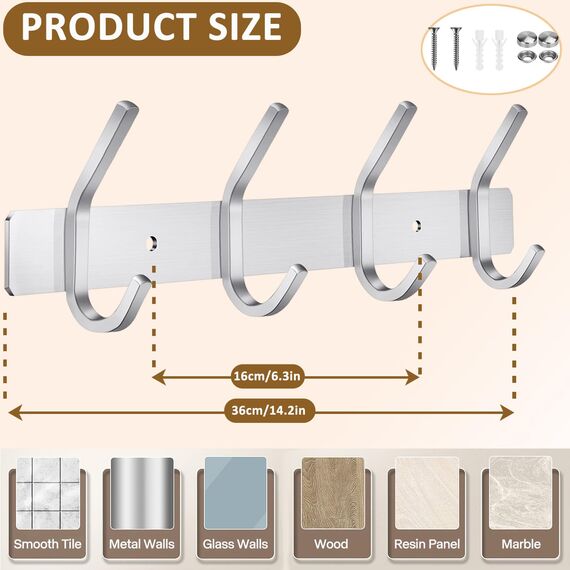 JOLY FANG Wandgarderobe, Garderobenhaken aus Edelstahl, Wandhaken für Schlafzimmer, Badezimmer, Küche (4 Haken, Silber)