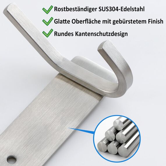 Qiannhee Hakenleiste Kleiderhaken 43cm bis 40kg Garderobenhaken Silber Matt 2 Stück SUS304 Edelstahl Kleiderhaken Wand Hakenleiste 4 Haken Garderobenleiste für Flur Küche Badezimmer Tür Wohnzimmer