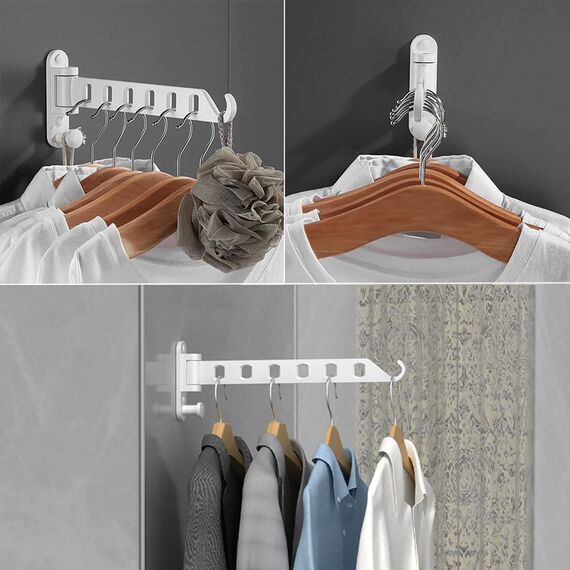 ZUIMENG Wand Kleiderständer Klappbar, 180°Drehbare Kleiderhaken kleiderstange, Wandhaken Hakenleiste Garderobenhaken kleiderlüfter für Balkon Waschküche Badezimmer (weiß, 1 Stück)