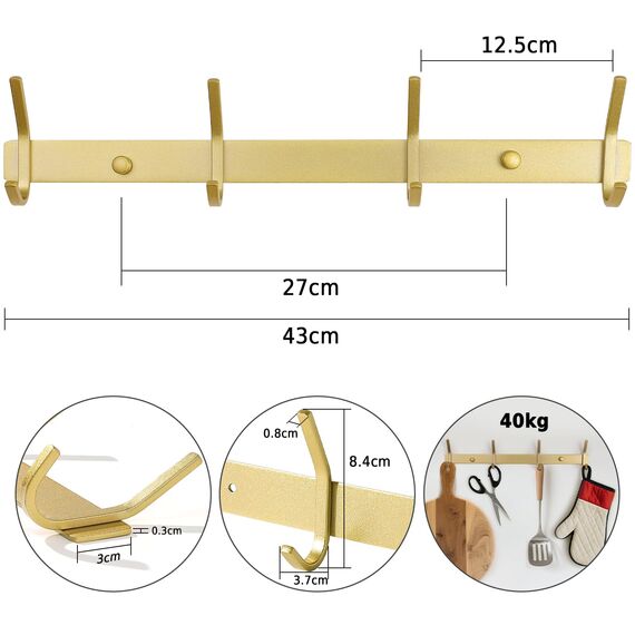 Qiannhee 2x Hakenleiste Kleiderhaken Golden Garderobenleiste Rostfrei 43CM bis 40KG Schwerlast Kleiderhakenleiste Edelstahl Garderobenhaken Kinder mit 4 Haken Wandgarderob für Jacken Badezimmer Küche