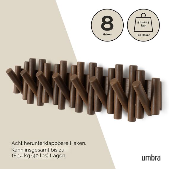 Umbra Picket Garderobenhaken mit 8 Haken - Garderobenleiste und Moderne Wand Dekoration mit 8 Klapphaken aus geschliffenem Kiefernholz, Walnuss