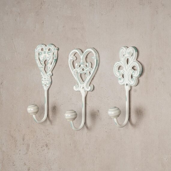 3tlg. Haken 3er Set Wandhaken weiß grau Kleiderhaken Haken Wandgarderobe Garderobenhaken Garderobe Eisen Shabby Chic Landhaus Vintage Nostalgie Antik Ornamente Barock