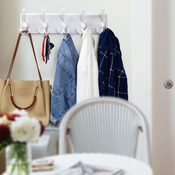 WEBI Garderobenleiste,Garderobenhaken mit 5 Dreifachhaken,Wandgarderobe Holz,Kleiderhaken Wand,Hakenleiste Garderobe,Jackenhalter Wand für Mäntel,Jacken,Weiß