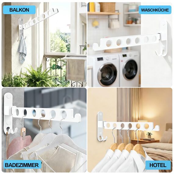 TINIFO Kleiderhaken Klappbar Wand, Klappbare Kleiderstange zur Wandmontage aus Aluminium, Platzsparender Kleiderlüfter für Balkon, Bad & Waschküche, Weiß