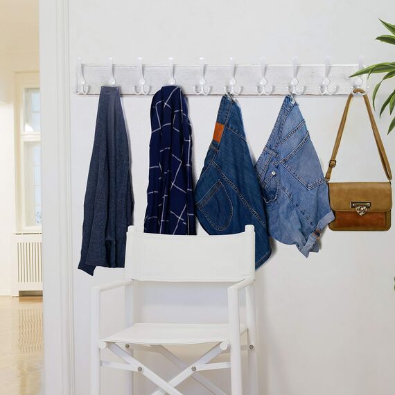 WEBI Garderobenleiste,98cm Lang Garderobenhaken mit 10 Dreifachhaken,Wandgarderobe Holz,Kleiderhaken Wand,Hakenleiste Garderobe,Jackenhalter Wand für Mäntel,Jacken,Weiß,2 Stück