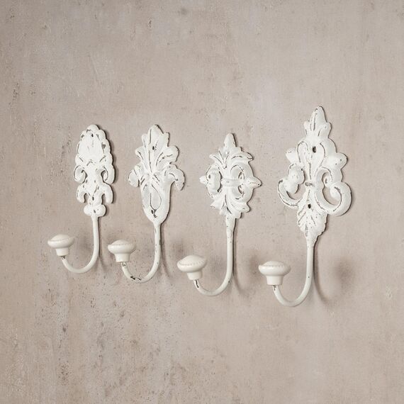 4tlg. Haken 4er Set Wandhaken weiß grau Kleiderhaken Haken Wandgarderobe Garderobenhaken Garderobe Eisen Shabby Chic Landhaus Vintage Nostalgie Antik Ornamente Barock