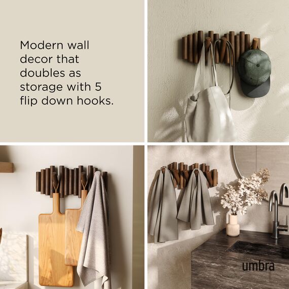 Umbra Picket Garderobenhaken - Garderobenleiste und Moderne Wand Dekoration mit 5 Klapphaken aus geschliffenem Kiefernholz, Walnuss