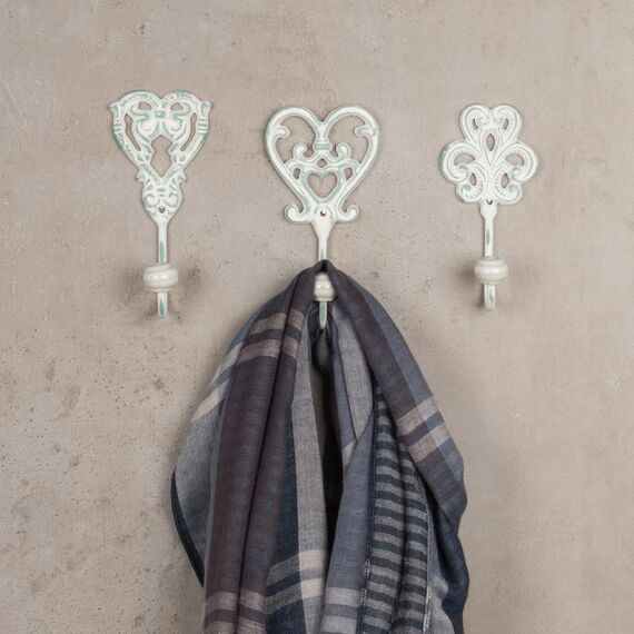 3tlg. Haken 3er Set Wandhaken weiß grau Kleiderhaken Haken Wandgarderobe Garderobenhaken Garderobe Eisen Shabby Chic Landhaus Vintage Nostalgie Antik Ornamente Barock