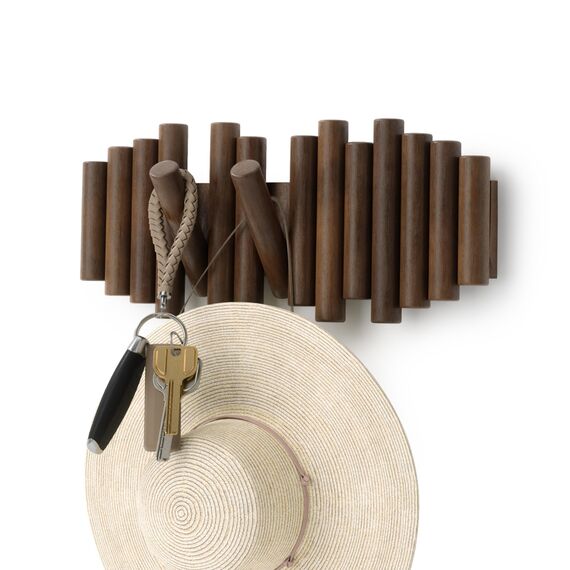 Umbra Picket Garderobenhaken - Garderobenleiste und Moderne Wand Dekoration mit 5 Klapphaken aus geschliffenem Kiefernholz, Walnuss