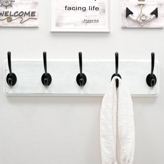 Dseap Garderobenleiste für Wandmontage mit fünf haken – Stabile, hölzerne Wandgarderobenleiste, Hakenleiste für Kleidung Hut Jacke Mantel, Weiß und Schwarz, 2pcs