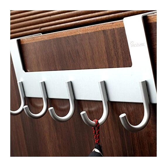Anjuer Türhaken-Aufhänger, Aluminium, Utility-Organizer, Handtuchhaken, Halter für Küche, Badezimmer, 5 Haken über der Tür, Silber