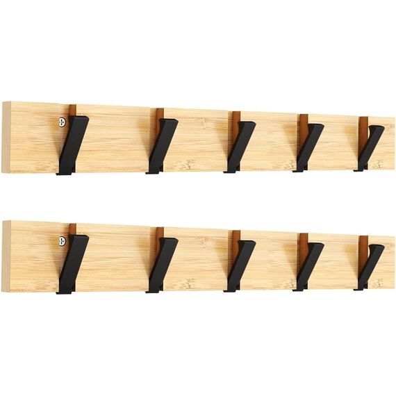 Anjuer Kleiderbügel, Wandmontage, 5 einziehbare Haken, 20kg Last, Bambusbrett, schwarze Haken