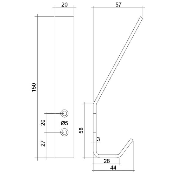 SOTECH 5 Stück Kleiderhaken ALBA echt Edelstahl 150 x 20 mm schwarz Garderobenhaken Haken