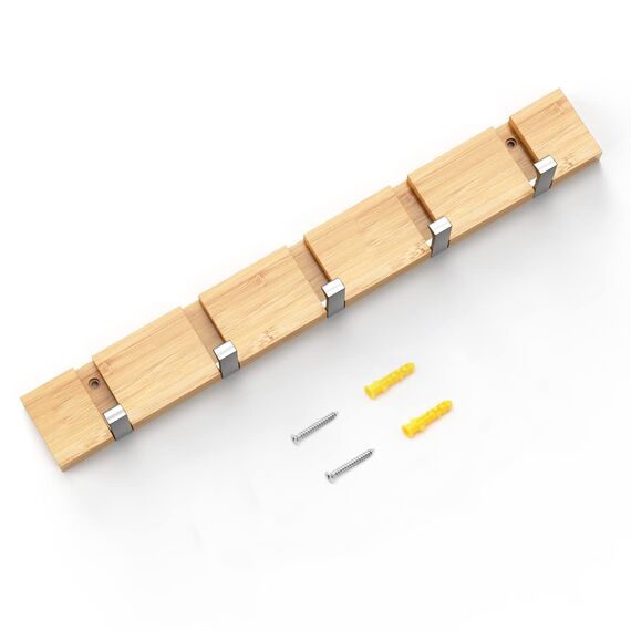Anjuer Garderobenständer, Wandmontage, Kleiderständer, 5 Haken, einziehbar, robust, Huthalter, Bambusbrett, Haken in Silber