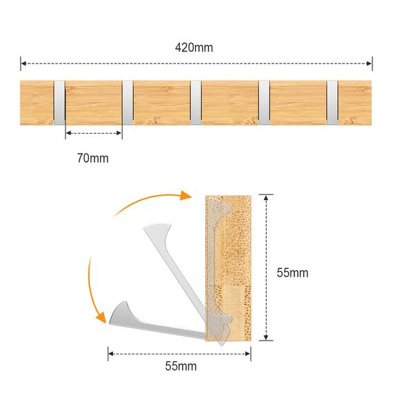 Anjuer Garderobenständer, Wandmontage, Kleiderständer, 5 Haken, einziehbar, robust, Huthalter, Bambusbrett, Haken in Silber