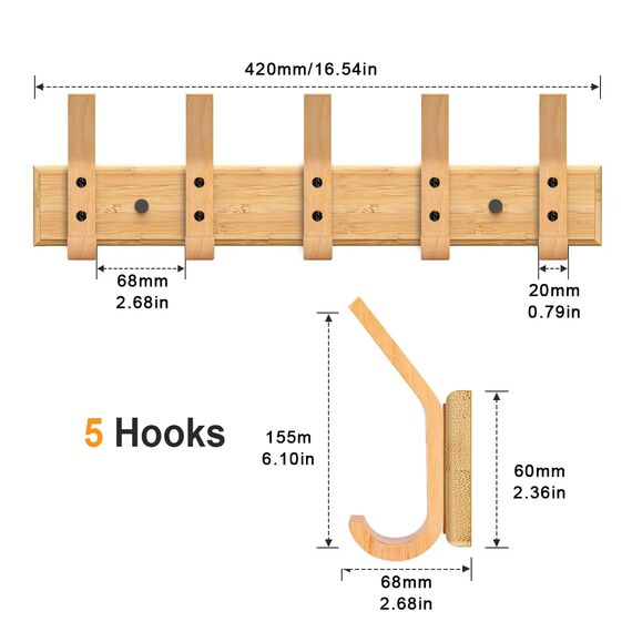 Anjuer Kleiderbügel Rack 5 Haken 20kg Heavy Duty Kleidung Wandhalter Bambus Aufhänger