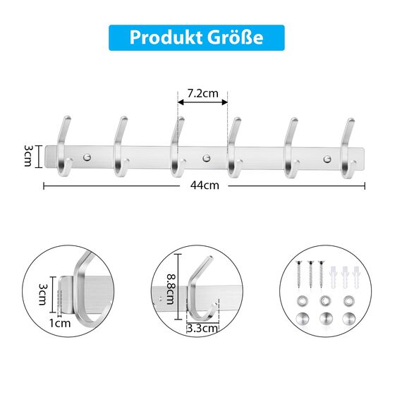 ERWEY 6 Haken Kleiderhaken Wand Hakenleiste Edelstahl Garderobenhaken Garderobe Haken Handtuchhaken Wandmontage Gebürstet ca. 30kg SUS304