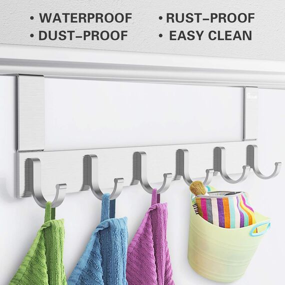 Anjuer Türhaken-Kleiderbügel, Aluminium, Organizer für Küche, Badezimmer, 6 Haken über der Tür, silberfarben