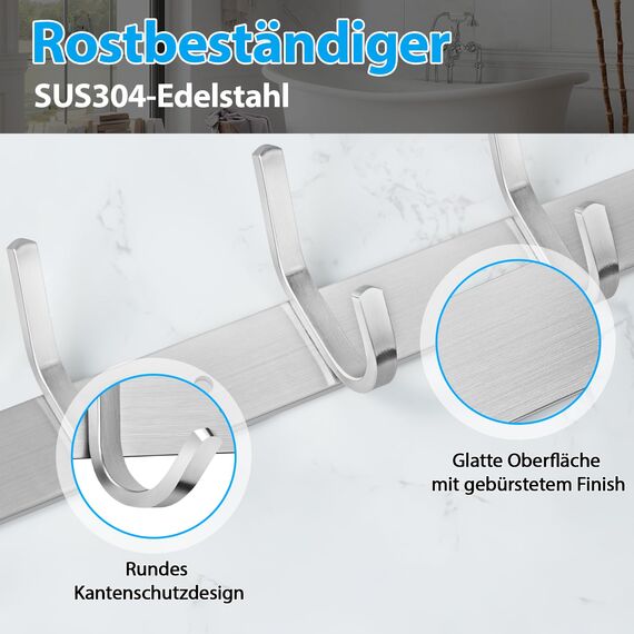 ERWEY 6 Haken Kleiderhaken Wand Hakenleiste Edelstahl Garderobenhaken Garderobe Haken Handtuchhaken Wandmontage Gebürstet ca. 30kg SUS304