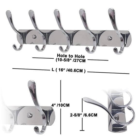 SKOLOO Garderobenleiste, Moderne, stabile Metall Kleiderhaken Wand mit 5 Haken, 2er-Pack, zum Aufhängen von Kleidung, Mantel, Hüten, Jacken, Rucksack, Hakenleiste Silber