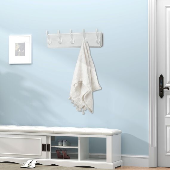WEBI Garderobenleiste mit 5 Haken,Garderobenhaken,Wandgarderobe Holz,Kleiderhaken Wand,Hakenleiste Garderobe,Jackenhalter Wand für Mäntel,Jacken,Weiß,2 Stück