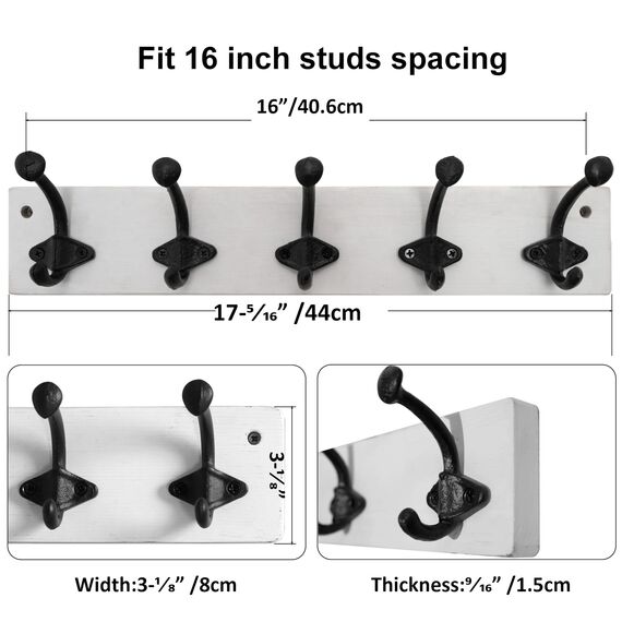 WEBI Garderobenleiste,Garderobenhaken Wandgarderobe mit 5 Haken Gusseisen,Garderobe Hakenleiste,Kleiderhaken Wand für Mäntel,Jacken,Weiß