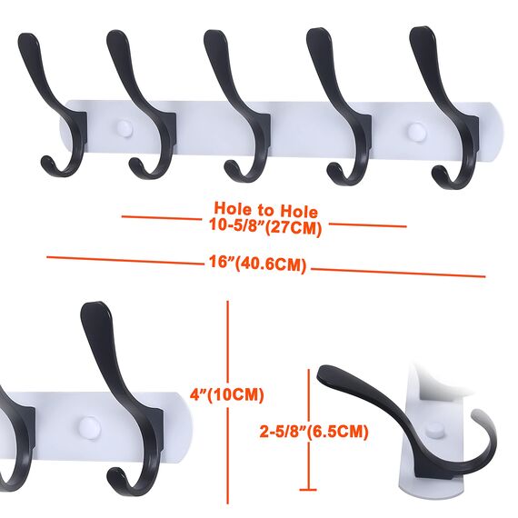 SKOLOO Garderobenleiste, Moderne, stabile Metall Kleiderhaken Wand mit 5 Haken, 2er-Pack, zum Aufhängen von Kleidung, Hüten, Jacken, Rucksack, Hakenleiste Schwarz auf Weiß